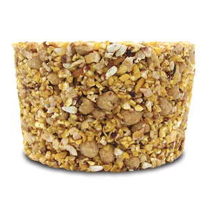 Close-up of Woodpecker Snak™ with Peanut Nuggets™ Stak'em, set of 4, showing a mix of corn, nuts, and seeds in stackable snack form for bird feeders.