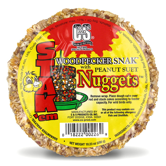 Woodpecker Snak™ with Peanut Nuggets™ Stak'em, set of 4, featuring a round seed cake with a visible yellow label, designed for bird feeders.