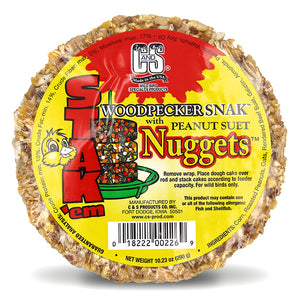 Woodpecker Snak™ with Peanut Nuggets™ Stak'em, set of 4, featuring a round seed cake with a visible yellow label, designed for bird feeders.