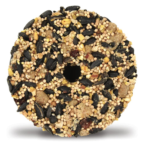 Fruit & Nut Snak™ with Berry Nuggets™ Stak'em, set of 4, doughnut-shaped seed cakes featuring millet, sunflower seeds, corn, peanuts, suet, raisins, blueberries for backyard birds.