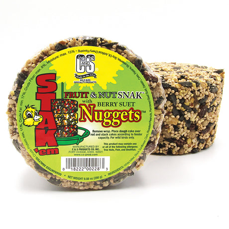 Close-up of Fruit & Nut Snak™ with Berry Nuggets™ Stak'em, Set of 4, showcasing stackable bird treats made of millet, sunflower seeds, corn, peanuts, suet, raisins, and blueberries.