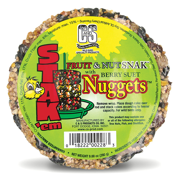 Fruit & Nut Snak™ with Berry Nuggets™ Stak'em, Set of 4; a close-up of stackable bird treats filled with nuts, seeds, and fruits.