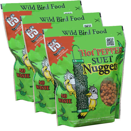 Hot Pepper Suet Nuggets, Set of 3: Three resealable bags of suet nuggets attract birds and deter squirrels. High-energy, no-mess bird food.