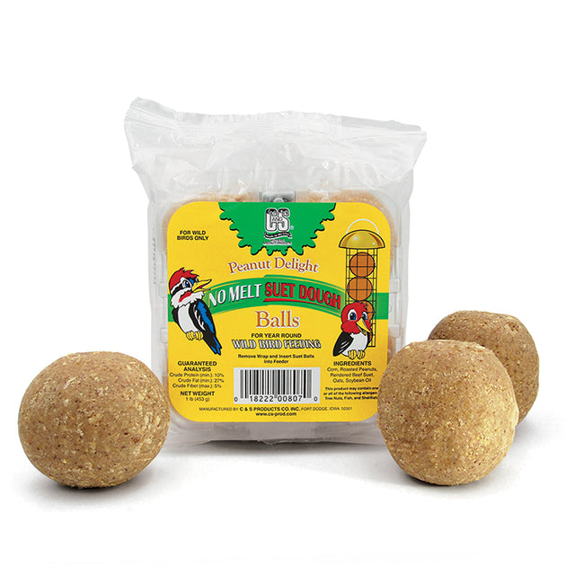 Peanut Delight Dough Balls, 4 pack, featuring brown suet balls with white specks, ideal for attracting various birds. Includes four 4 oz. suet balls per package.