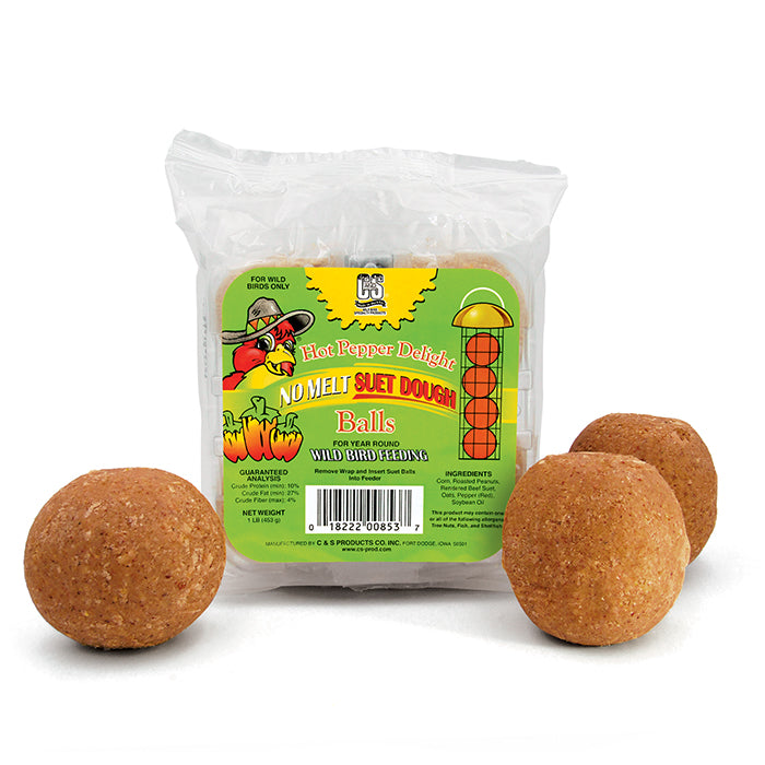 Hot Pepper Delight Dough Balls, 4 pack: Four suet balls in packaging, attracting various birds while deterring squirrels, made with corn, peanuts, suet, red pepper, and oats.