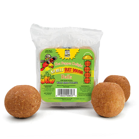 Hot Pepper Delight Dough Balls, 4 pack: Four suet balls in packaging, attracting various birds while deterring squirrels, made with corn, peanuts, suet, red pepper, and oats.