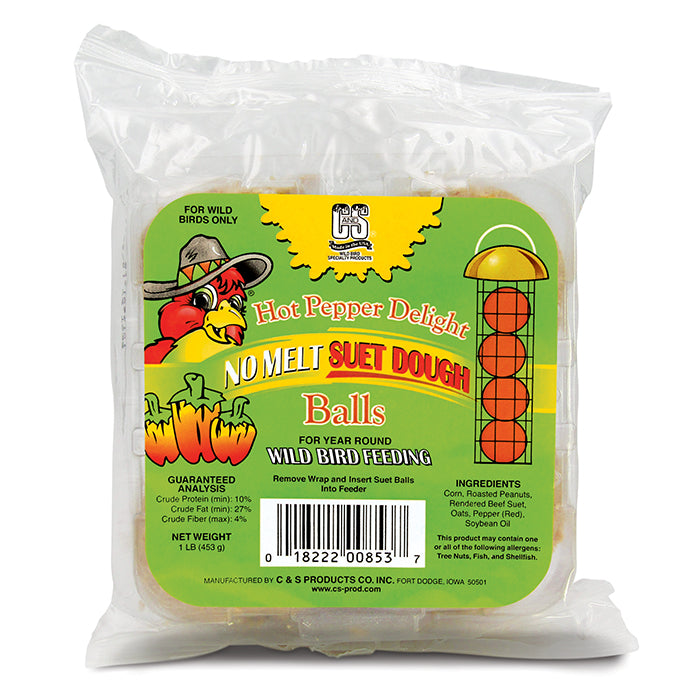 Package of Hot Pepper Delight Dough Balls, 4 pack, in a clear plastic bag; suet balls visible through packaging.