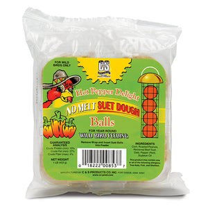 Package of Hot Pepper Delight Dough Balls, 4 pack, in a clear plastic bag; suet balls visible through packaging.