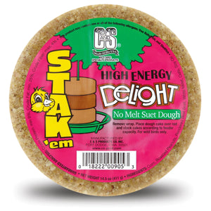 High Energy Delight Stak'em, Set of 6, round suet cakes for wild-bird feeders, featuring no-melt suet dough, high-energy ingredients, and easy stacking instructions.