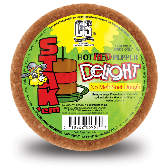 Hot Red Pepper Delight Suet Stak'em, set of 6, close-up, showcasing energy-packed suet treat with visible ingredients like corn and peanuts for bird feeding.