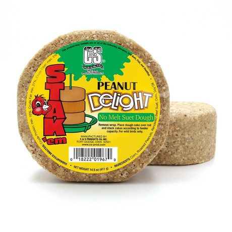 Peanut Delight Suet Stak'em, Set of 6, round suet cakes with a central hole, ideal for wild bird feeders, made from peanuts, corn, oats, and suet.