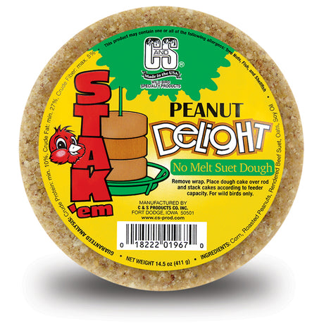 Peanut Delight Suet Stak'em, set of 6: Round suet treat with a yellow label, perfect for attracting birds. Contains corn, peanuts, oats, and suet dough.