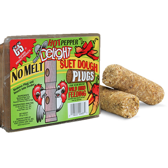 Hot Pepper Delight, 12 Suet Plugs in a box. Suet plugs are visible in packaging, suitable for bird feeding, no-melt formula, and squirrel deterrent.