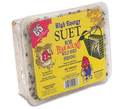 Extra Large Hi-Energy Suet Block in a plastic container, featuring a yellow sign with a red bird, perfect for year-round wild bird feeding.