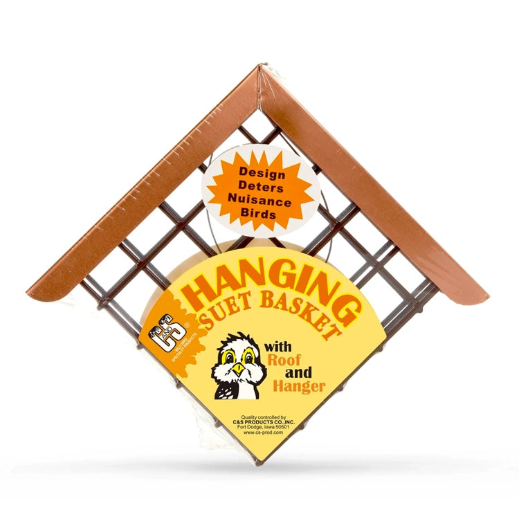 Copper Roof Suet Feeder, a metal cage with a shiny copper roof and hanger, designed for holding one suet cake to attract songbirds, deters nuisance birds.