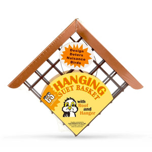 Copper Roof Suet Feeder, a metal cage with a shiny copper roof and hanger, designed for holding one suet cake to attract songbirds, deters nuisance birds.