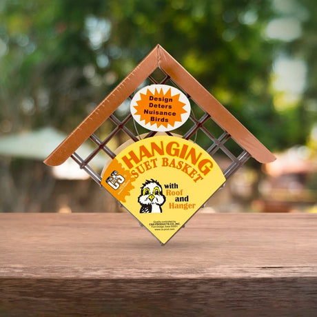 Copper Roof Suet Feeder with diamond-shaped wire cage, shiny peaked roof, and hanger; designed to deter nuisance birds and resist squirrel damage.