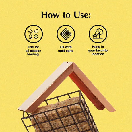Copper Roof Suet Feeder with mesh cage, holds one suet block. Features shiny copper roof for weather protection, easy top-fill design, resists squirrel damage.