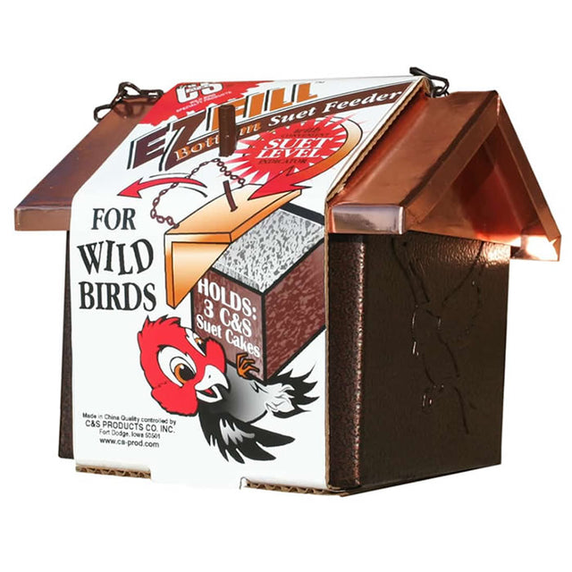 EZ Fill Upside Down Suet Feeder with a bird feeding upside down, designed to deter starlings and sparrows. Holds three suet cakes, includes a hanging chain.