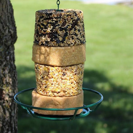 Stak'em Feeder for birds, featuring a metal design, holds four seed and suet treats, with a circular perch and an 11-inch hanging hook.