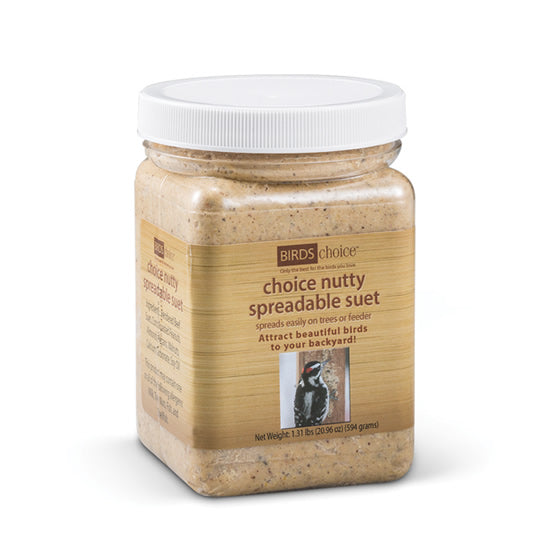 Choice Nutty Spreadable Suet in a resealable 20.96 oz. jar, ideal for birds, featuring a mix of nuts and a no-melt formula.