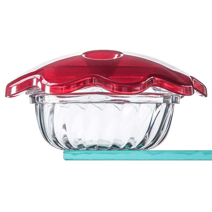 Hummingbird Clear Cup with Red Top, featuring a clear plastic dish for viewing nectar levels, fits select feeders, and holds 3 oz. of nectar.