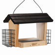 Cedar 6 QT Hopper Bird Feeder with Suet, featuring a black roof, large seed capacity, suet holders, clear windows, and a vinyl-coated hanging cable.