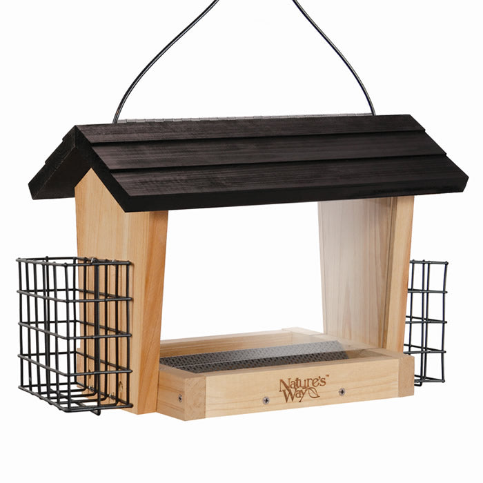 Cedar 6 QT Hopper Bird Feeder with Suet, featuring a black roof, large seed capacity, suet holders, clear windows, and a vinyl-coated hanging cable.