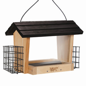 Cedar 6 QT Hopper Bird Feeder with Suet, featuring a black roof, large seed capacity, suet holders, clear windows, and a vinyl-coated hanging cable.