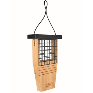 Cedar Suet Tail Prop Bird Feeder with wire mesh, wooden construction, and tail prop design for woodpeckers, hanging from a hook.