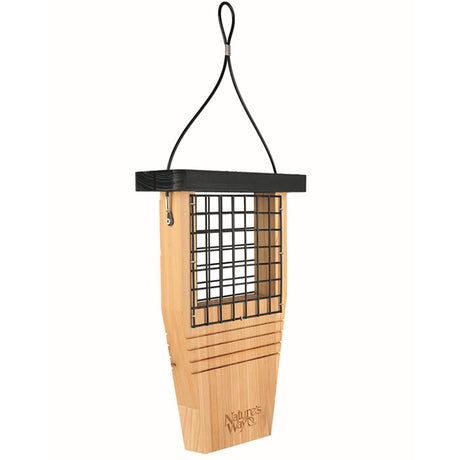 Cedar Suet Tail Prop Bird Feeder with wire mesh, wooden construction, and tail prop design for woodpeckers, hanging from a hook.