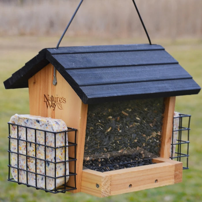 Cedar 3QT Hopper Bird Feeder with Suet, featuring a black roof and removable tray for easy cleaning, holds 3 quarts of seed and two suet cakes.