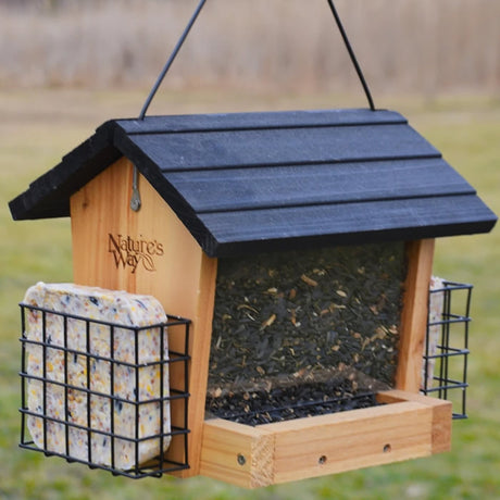 Cedar 3QT Hopper Bird Feeder with Suet, featuring a black roof and removable tray for easy cleaning, holds 3 quarts of seed and two suet cakes.