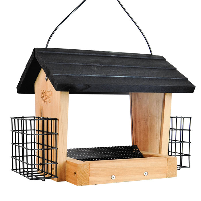 Cedar 3QT Hopper Bird Feeder with Suet, featuring a black roof, spacious design for large birds, and a removable tray for easy cleaning.