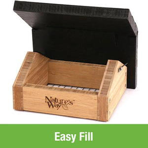 Cedar Suet Upside-Down Bird Feeder, a wooden box with a liftable lid and mesh bottom for clingers like woodpeckers and nuthatches, includes rust-free hardware.