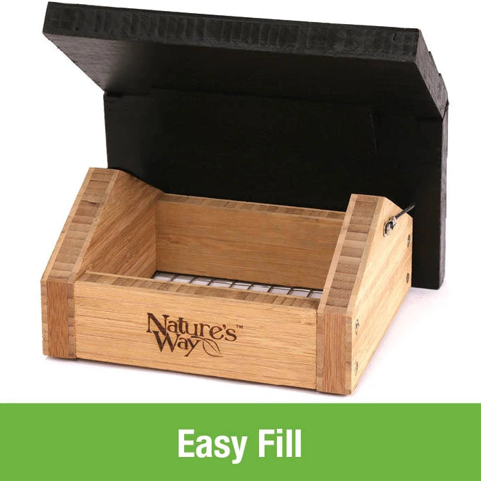 Bamboo Upside Down Suet Feeder, a wooden box with a liftable lid for easy filling, featuring a mesh bottom for bird feeding and a vinyl-coated steel hanging cable.