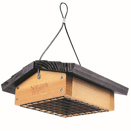 Cedar Suet Upside-Down Bird Feeder with wire mesh top, designed for woodpeckers, nuthatches, and chickadees. Holds one suet cake; includes vinyl-coated steel hanging cable.