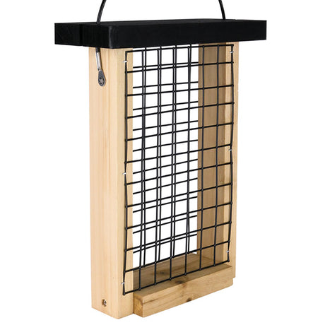 Cedar Double Suet Tail Prop Feeder with black metal screen, cedar construction, and lift roof; designed to hold two suet cakes for woodpeckers.