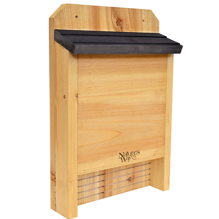 Single Chamber Bat House: A wooden box with a black roof, featuring air vents, landing skerfs, and removable inserts for easy cleaning. Holds up to 60 bats.