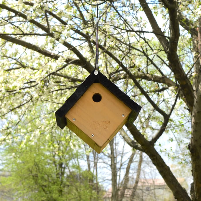 Cedar Wren Traditional Hanging Bird House on a tree, featuring air vents, cleanout doors, and a 1-1/8 inch entrance hole, with vinyl-coated steel hanging cable.