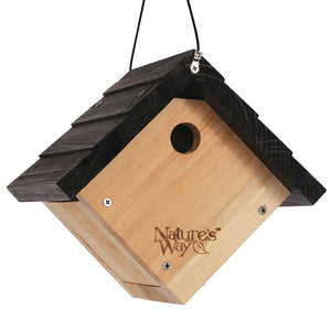 Cedar Wren Traditional Hanging Bird House with air vents, cleanout doors, and a vinyl coated steel hanging cable, designed for wrens with a 1-1/8 inch entrance hole.