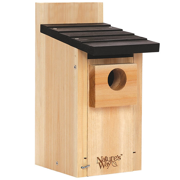 Cedar Bluebird Box House with black roof, featuring 1-1/2 inch entry hole, predator guard, and ventilation; designed for easy mounting and bluebird nesting.