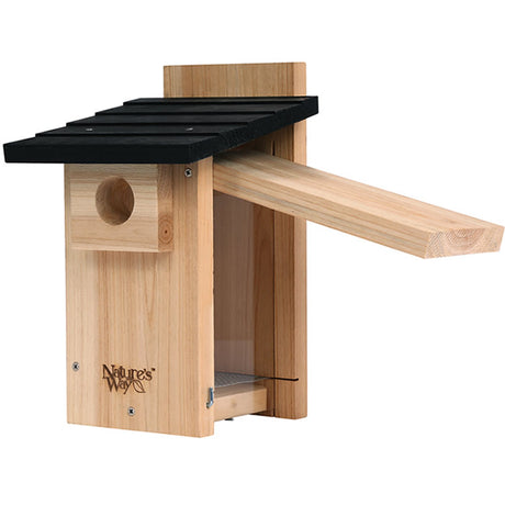 Cedar Bluebird Viewing House with a black roof, featuring a 1-1/2 inch entry hole, predator guard, ventilation, drainage, and a crack-resistant viewing window.