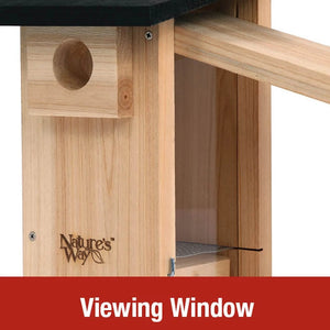 Cedar Bluebird Viewing House with a black roof, viewing window, predator guard, and ventilation features, designed for mounting on flat surfaces.