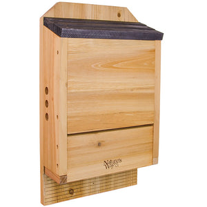 Cedar Bat House 3-Chamber with a black top, wooden construction, three roosting chambers, landing skerfs, and front/side air vents for aeration.