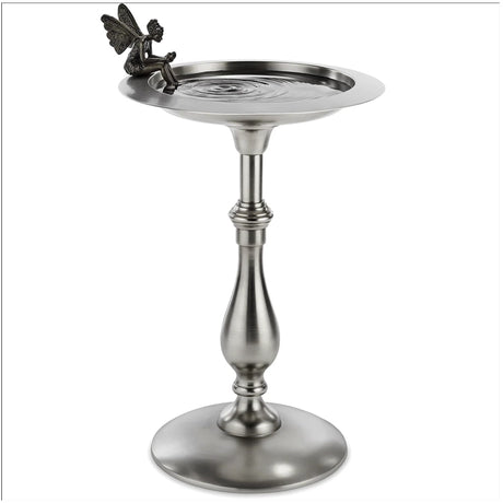 Classic Pewter Pedestal Bird Bath with Fairy features a decorative metal pedestal, shallow water bowl, and fairy figurine dipping feet, ideal for backyard bird enthusiasts.