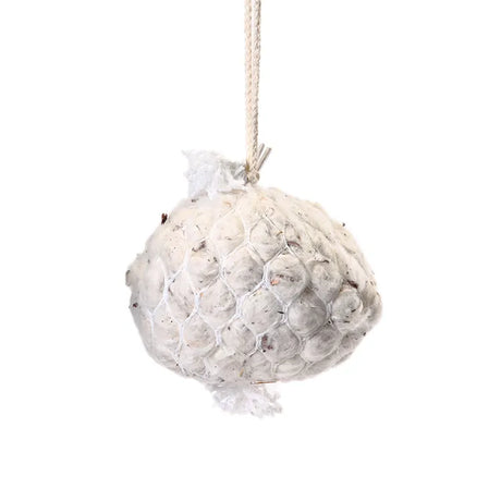 Cottontail Nest Builder: a fat-ball feeder with seeds in a mesh bag, featuring 100% cotton nesting fibers for birds to weave into nests.