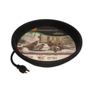 Replacement Heated Dish, a round black tray with cord, keeps bird-bath water unfrozen in cold weather. Thermostatically controlled, fits 14-inch bath rings.