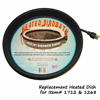 Replacement Heated Dish with black round lid and bird bath image, 14-inch diameter, thermostatically controlled for year-round use in temperatures as low as -20 degrees.