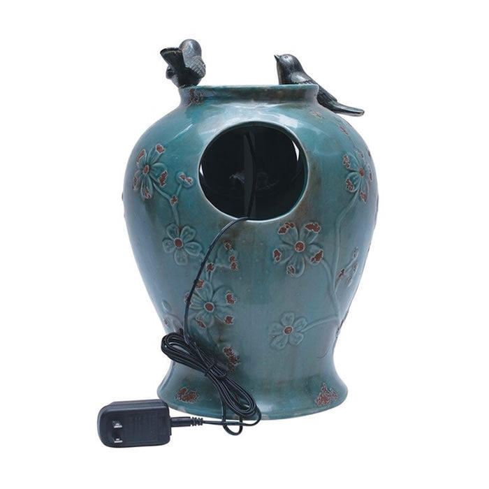 Blue Verdigris Songbird Fountain with two birds on rim, cascading water, LED lights, and verdigris floral design.